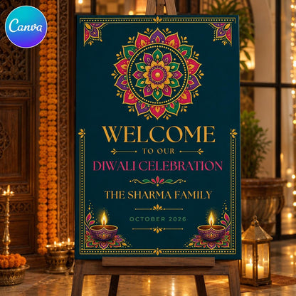 Colorful Diwali Welcome Sign — editable Canva template