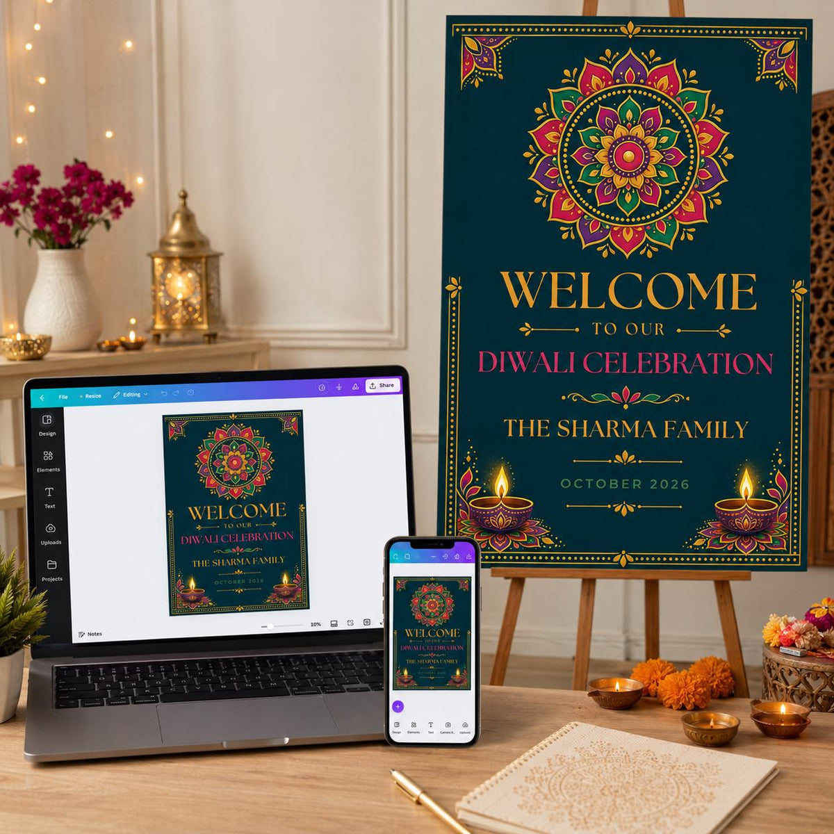 Colorful Diwali Welcome Sign — welcome sign you personalize in Canva