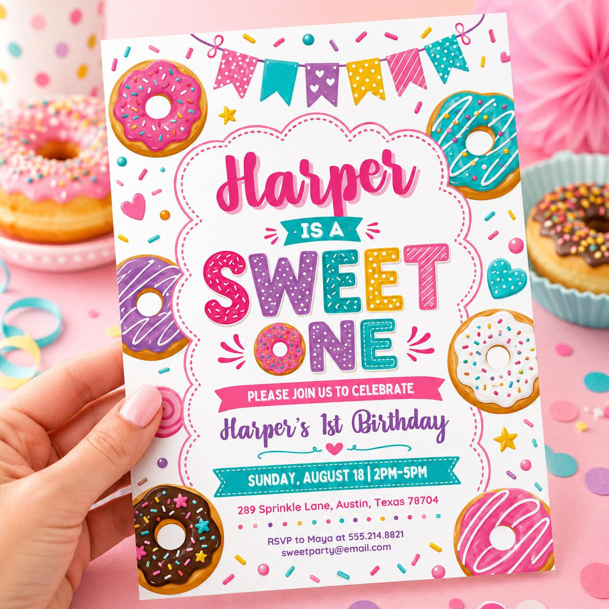 Colorful Donut Sweet One First Birthday Invitation — print-ready first birthday design from VoltBy