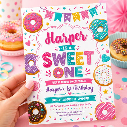 Colorful Donut Sweet One First Birthday Invitation — print-ready first birthday design from VoltBy