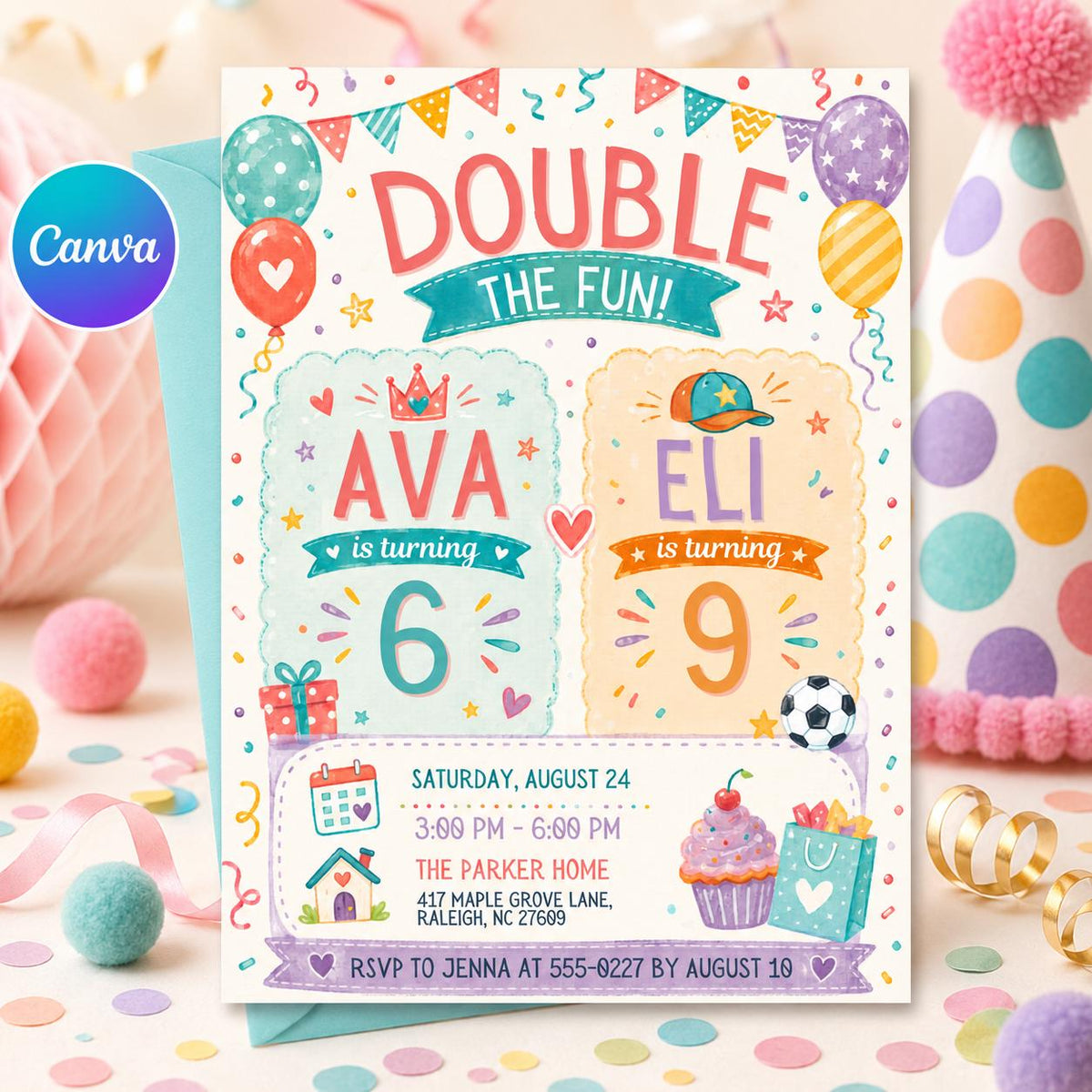 Colorful Double The Fun Birthday Invitation — editable Canva template