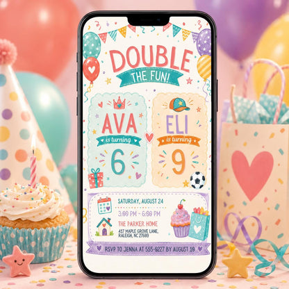 Colorful Double The Fun Birthday Invitation — invitation you personalize in Canva