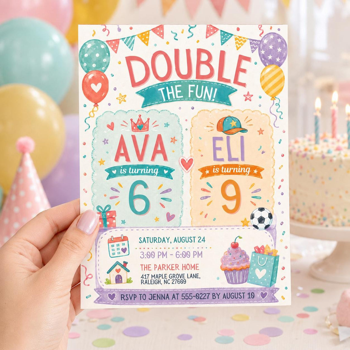 Colorful Double The Fun Birthday Invitation — print-ready birthday party design from VoltBy