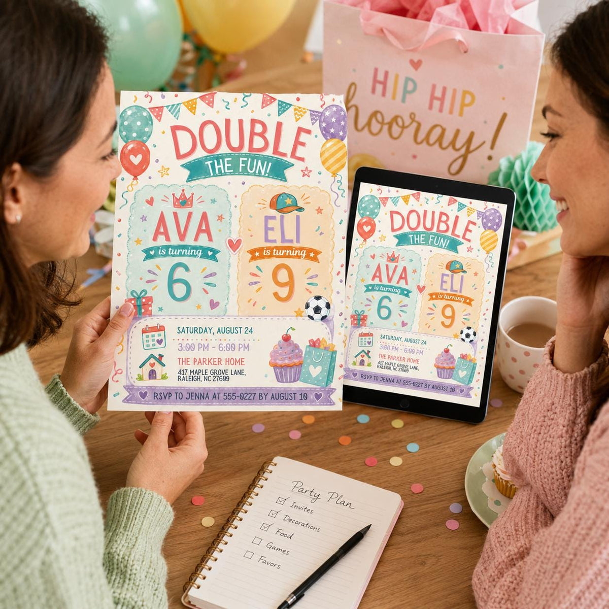 Colorful Double The Fun Birthday Invitation — digital invitation, instant download
