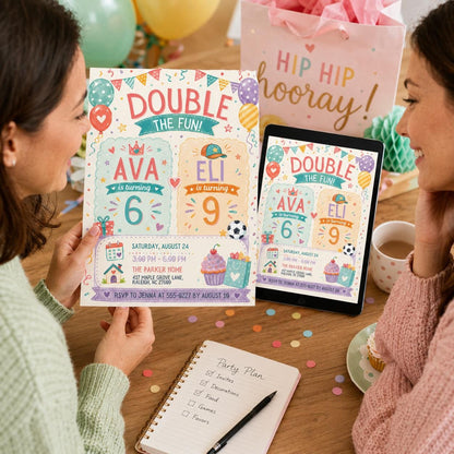 Colorful Double The Fun Birthday Invitation — digital invitation, instant download