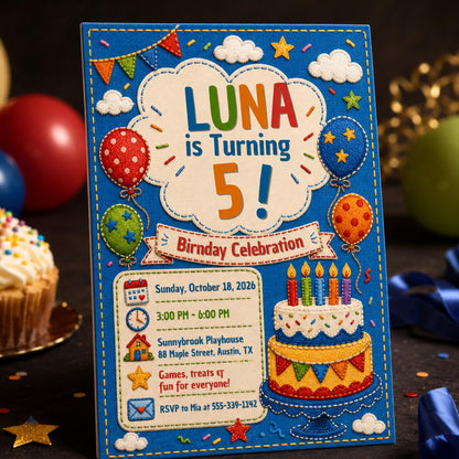 Colorful Embroidery 5th Birthday Invitation — balloon and cake design