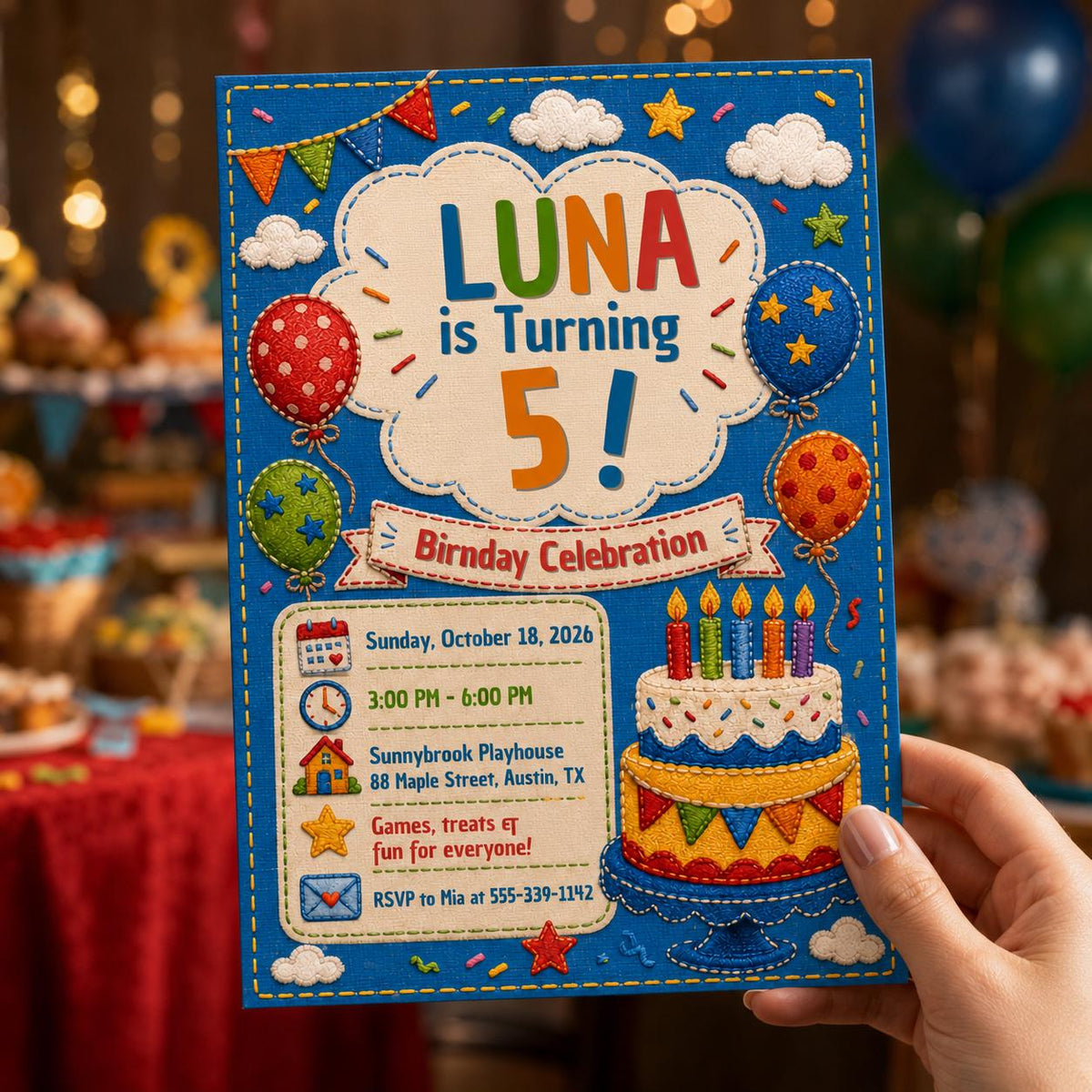 Colorful Embroidery 5th Birthday Invitation — invitation you personalize in Canva
