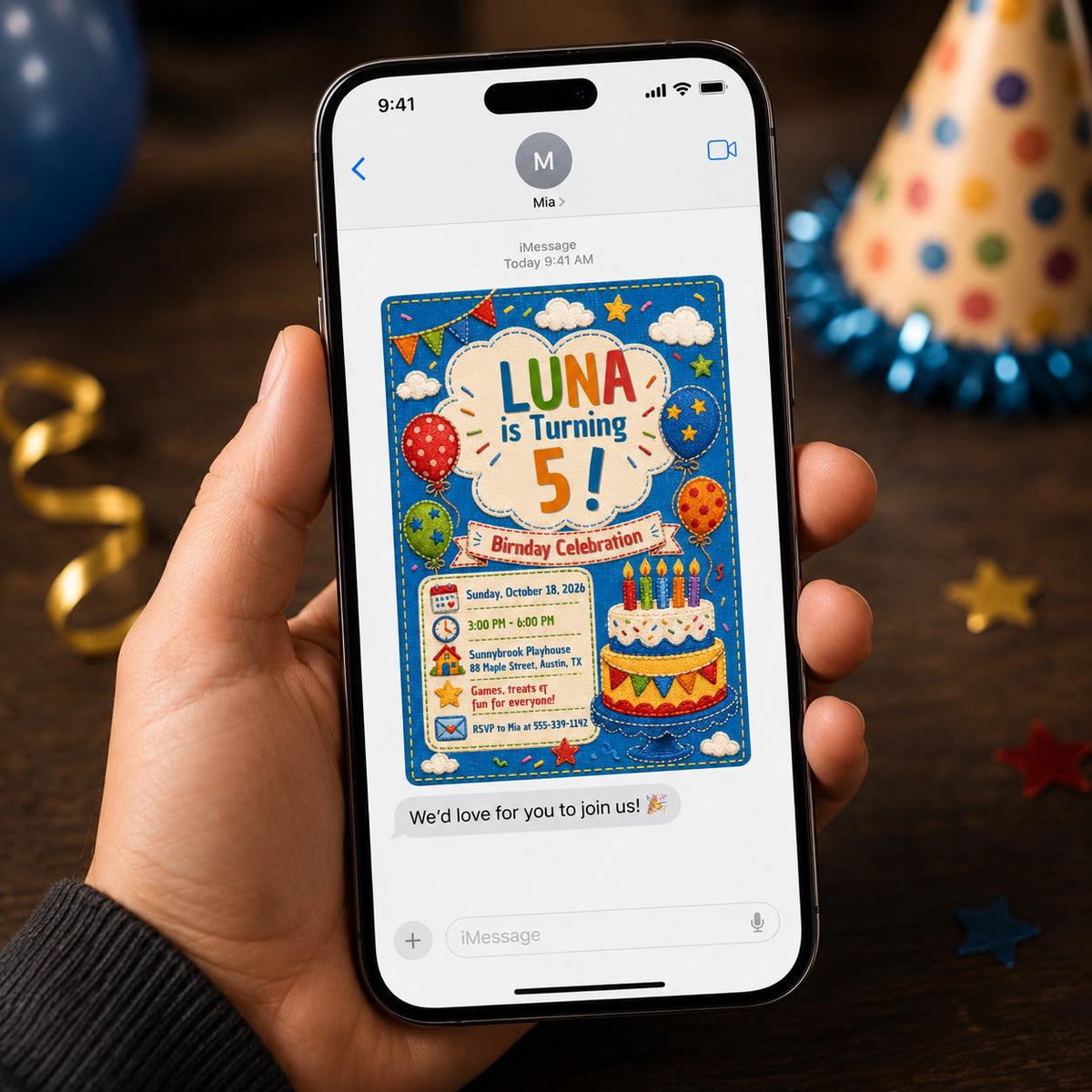 Colorful Embroidery 5th Birthday Invitation — digital invitation, instant download
