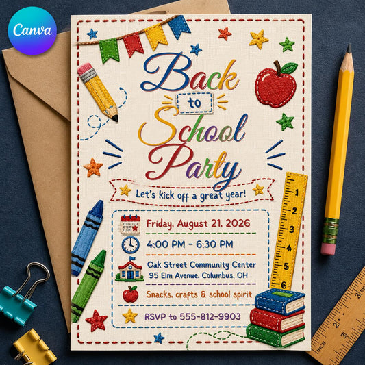 Colorful Embroidery Back to School Party Invitation — editable Canva template
