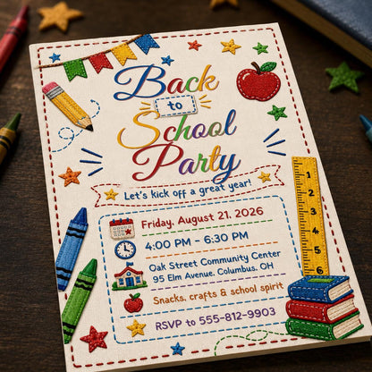 Colorful Embroidery Back to School Party Invitation — supplies design