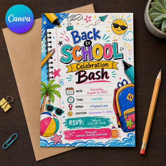 Colorful End of Summer Back to School Invitation: Colorful Beach Celebration Bash — editable Canva template