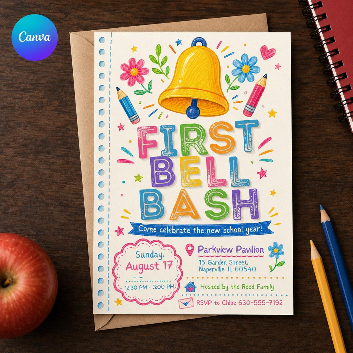 Colorful First Bell Bash Invitation — editable Canva template