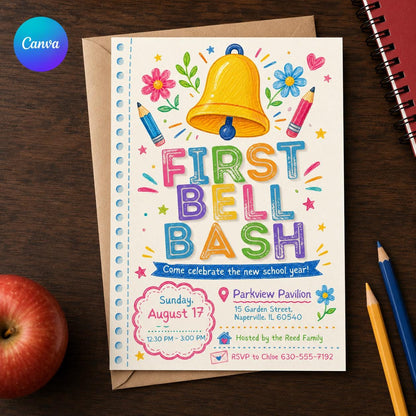 Colorful First Bell Bash Invitation — editable Canva template