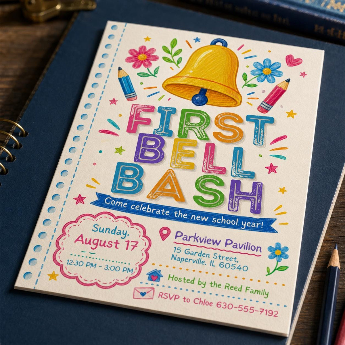 Colorful First Bell Bash Invitation — invitation you personalize in Canva