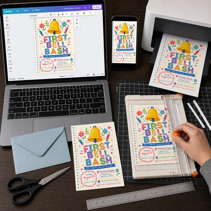 Colorful First Bell Bash Invitation — print-ready back-to-school event design from VoltBy
