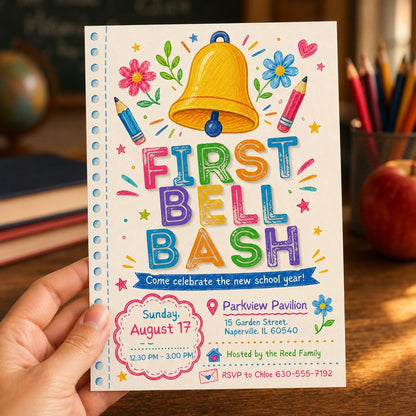 Colorful First Bell Bash Invitation — back-to-school event stationery by VoltBy