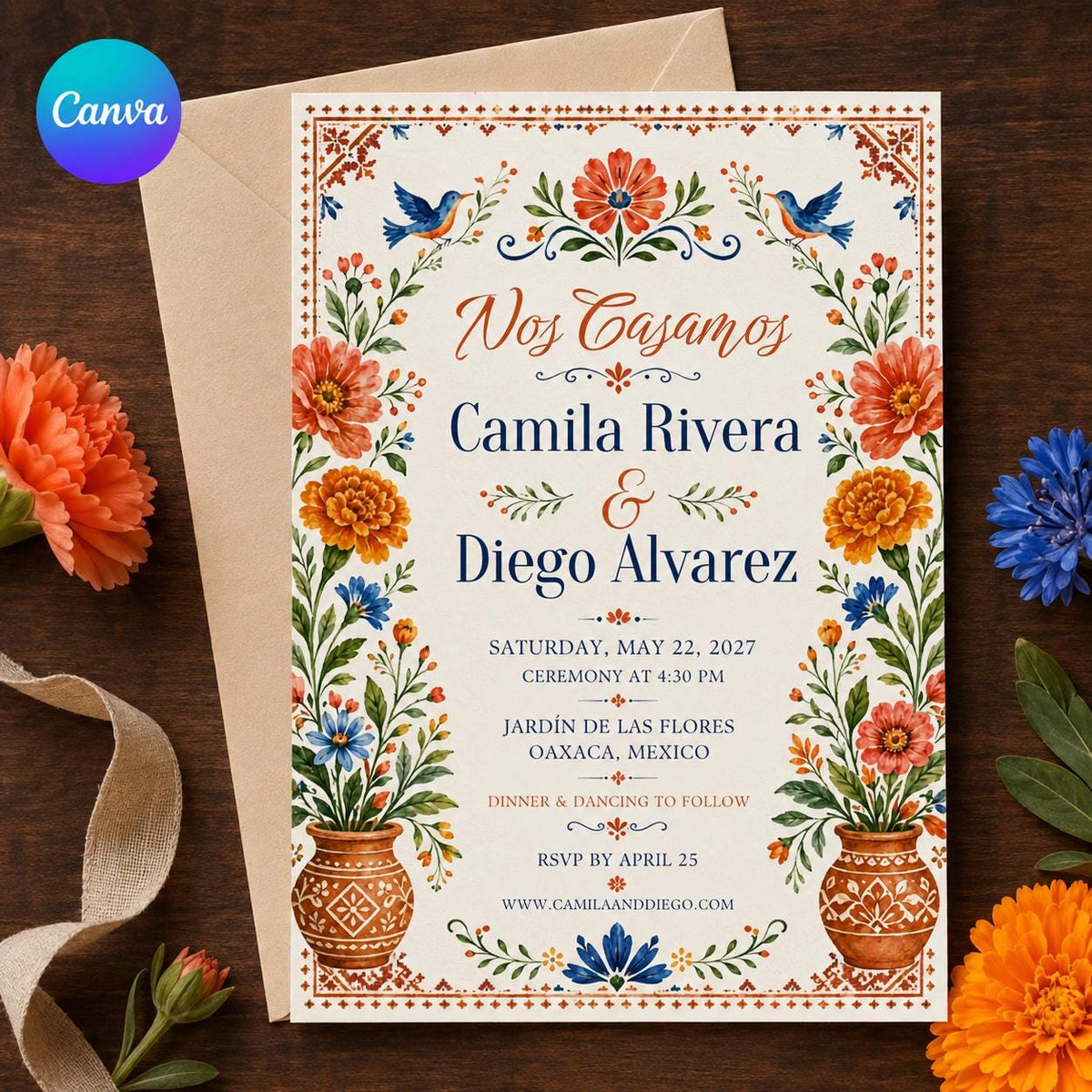 Colorful Floral Mexican Wedding Invitation — editable Canva template