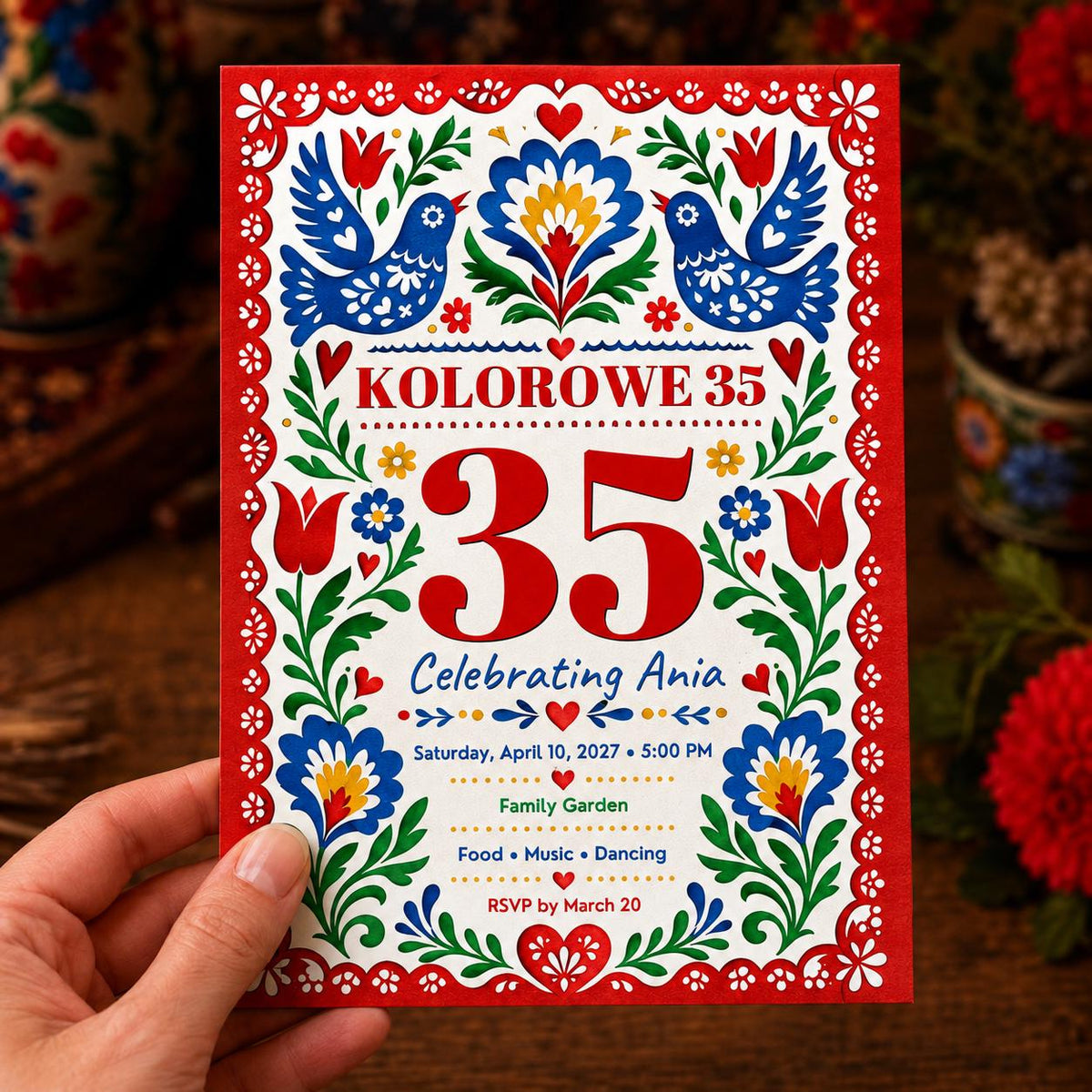 Colorful Floral Polish Folk 35th Birthday Invitation — print-ready 35th birthday party design from VoltBy