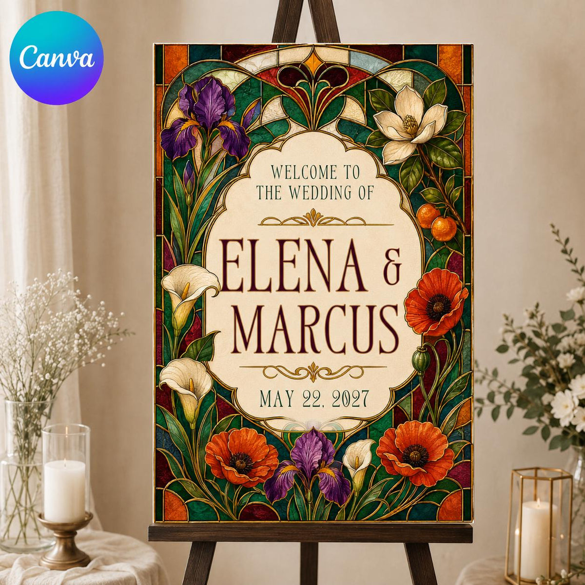 Colorful Floral Stained Glass Wedding Welcome Sign — editable Canva template