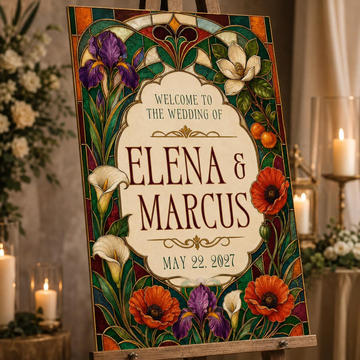 Colorful Floral Stained Glass Wedding Welcome Sign — print-ready wedding design from VoltBy
