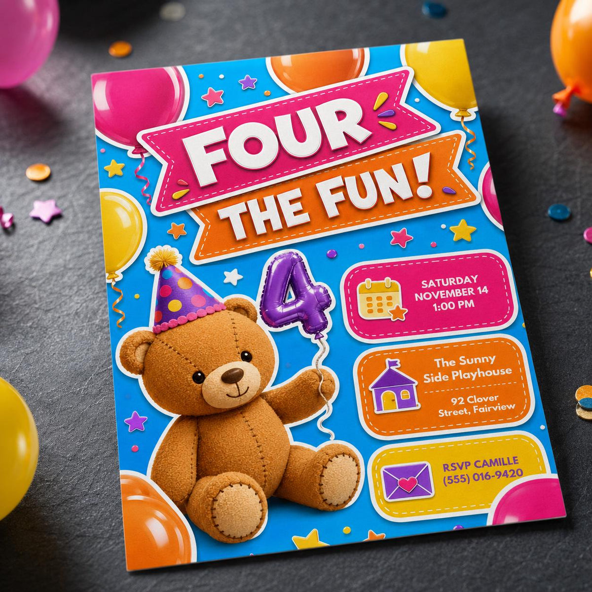 Colorful Four Times the Fun 4th Birthday Invitation — teddy bear design