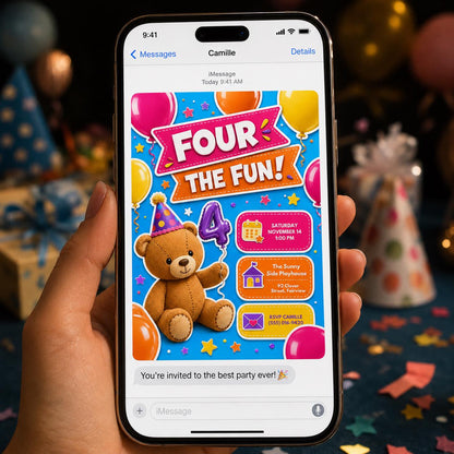 Colorful Four Times the Fun 4th Birthday Invitation — digital invitation, instant download