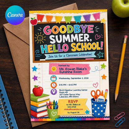 Colorful Goodbye Summer Hello School Invitation — editable Canva template