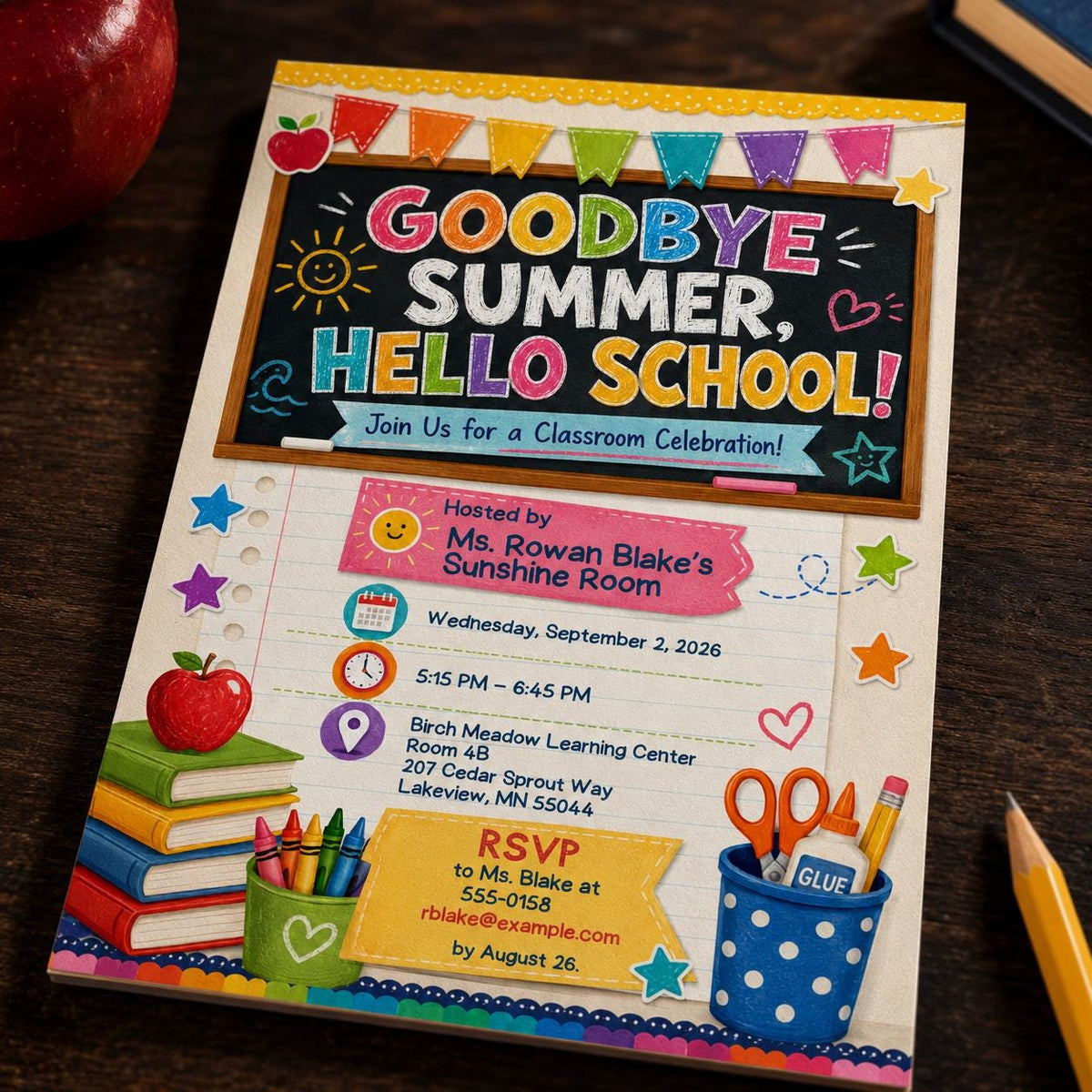 Colorful Goodbye Summer Hello School Invitation — chalkboard design
