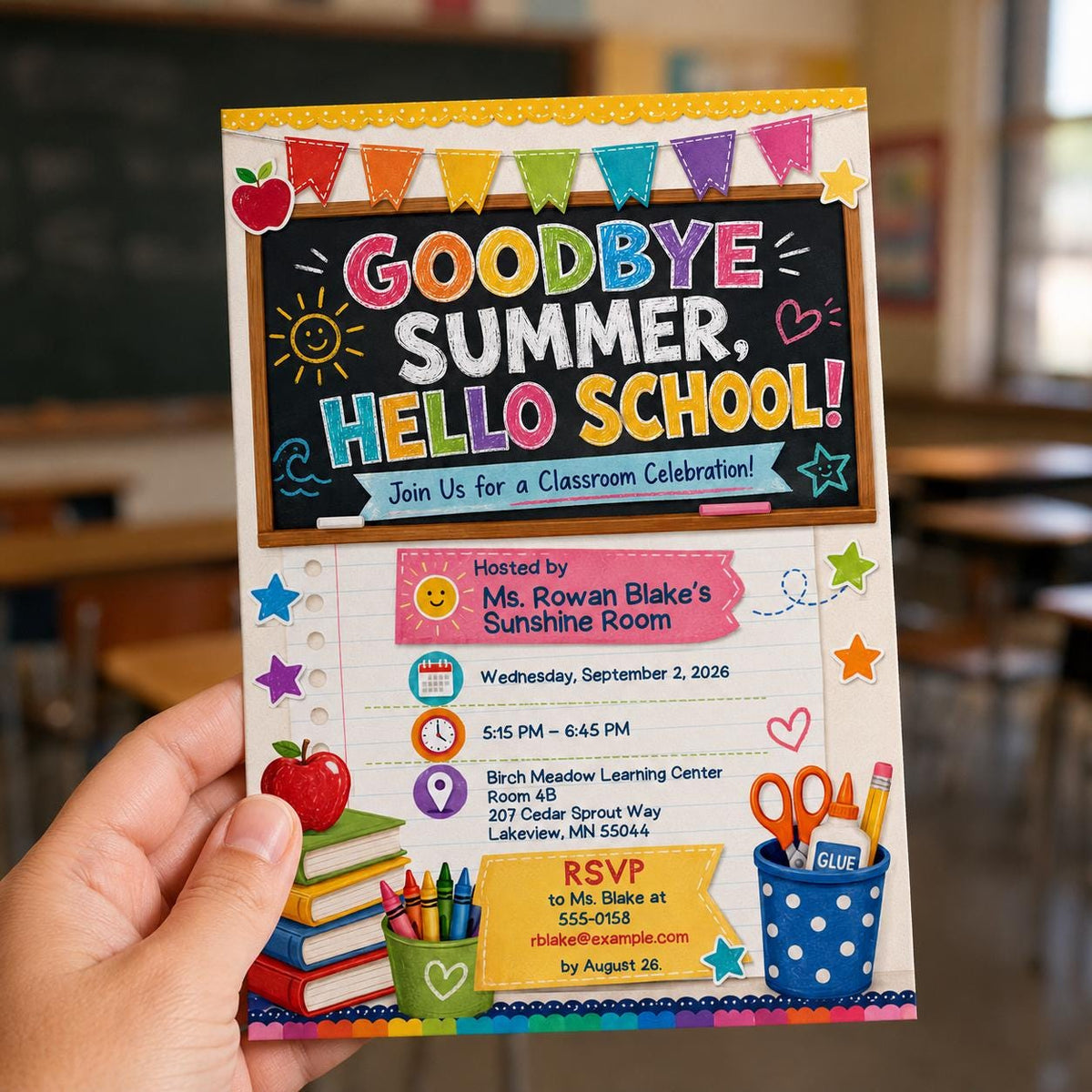 Colorful Goodbye Summer Hello School Invitation — invitation you personalize in Canva