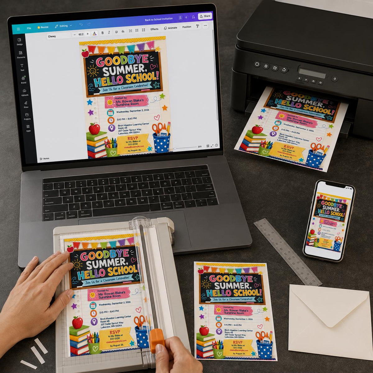 Colorful Goodbye Summer Hello School Invitation — print-ready back-to-school event design from VoltBy