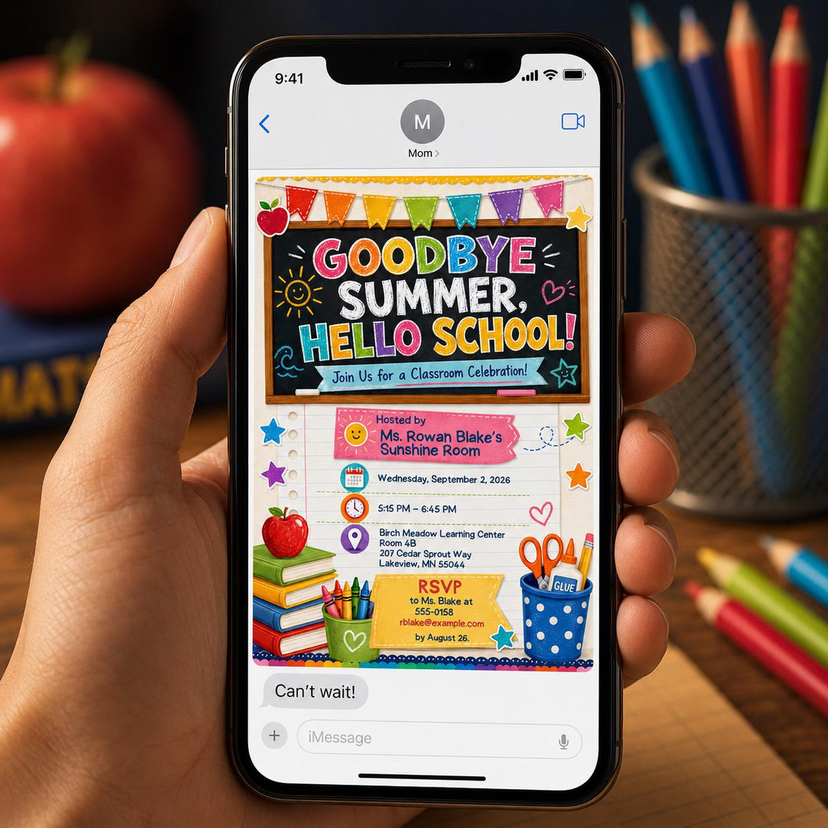 Colorful Goodbye Summer Hello School Invitation — digital invitation, instant download
