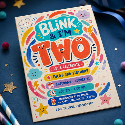 Colorful Hand Drawn Blink and I'm Two 2nd Birthday Invitation — invitation you personalize in Canva