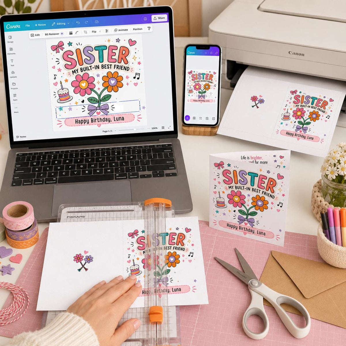 Colorful Hand Drawn Sister Birthday Greeting Card — digital greeting card, instant download