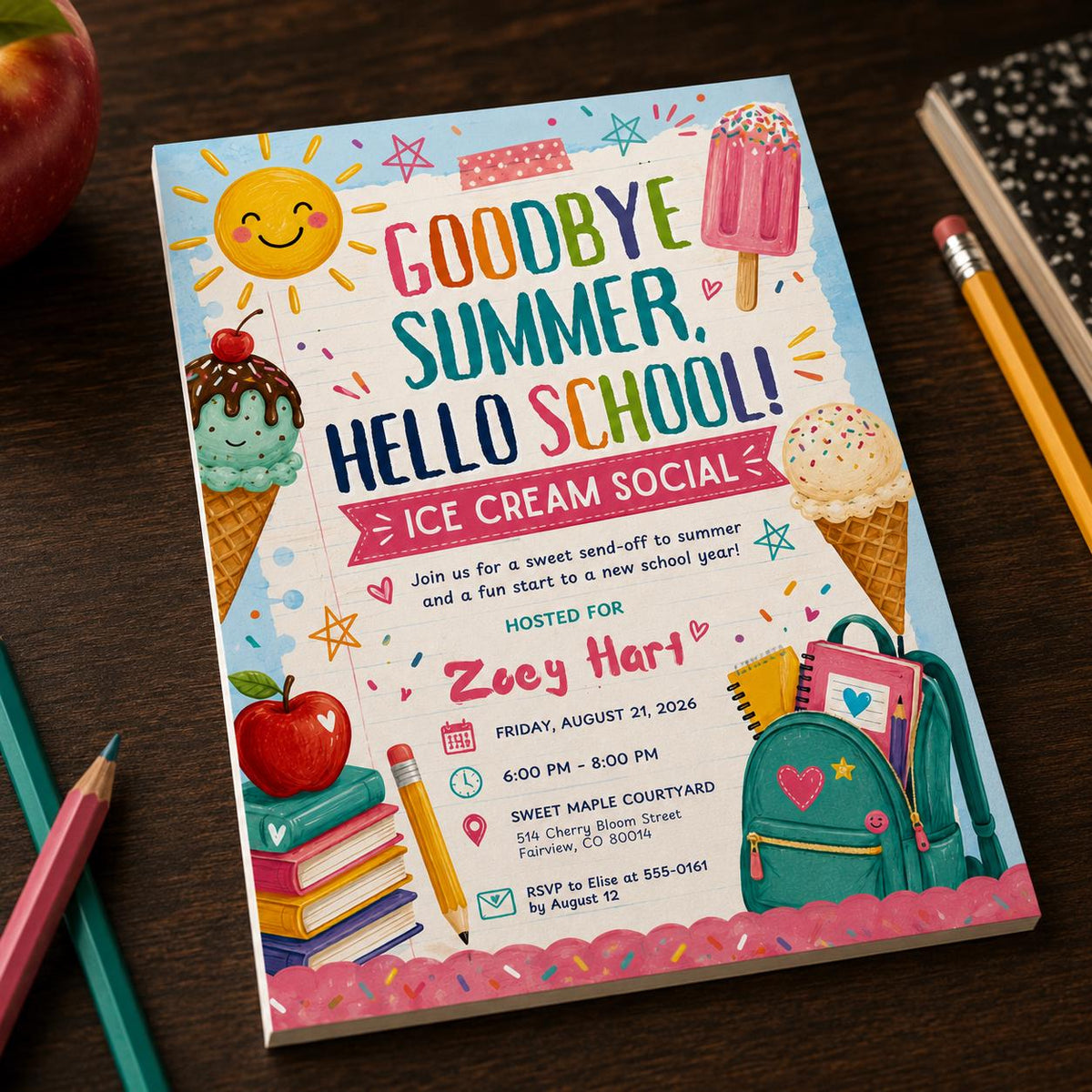 Colorful Ice Cream Social Invitation — print-ready back-to-school event design from VoltBy