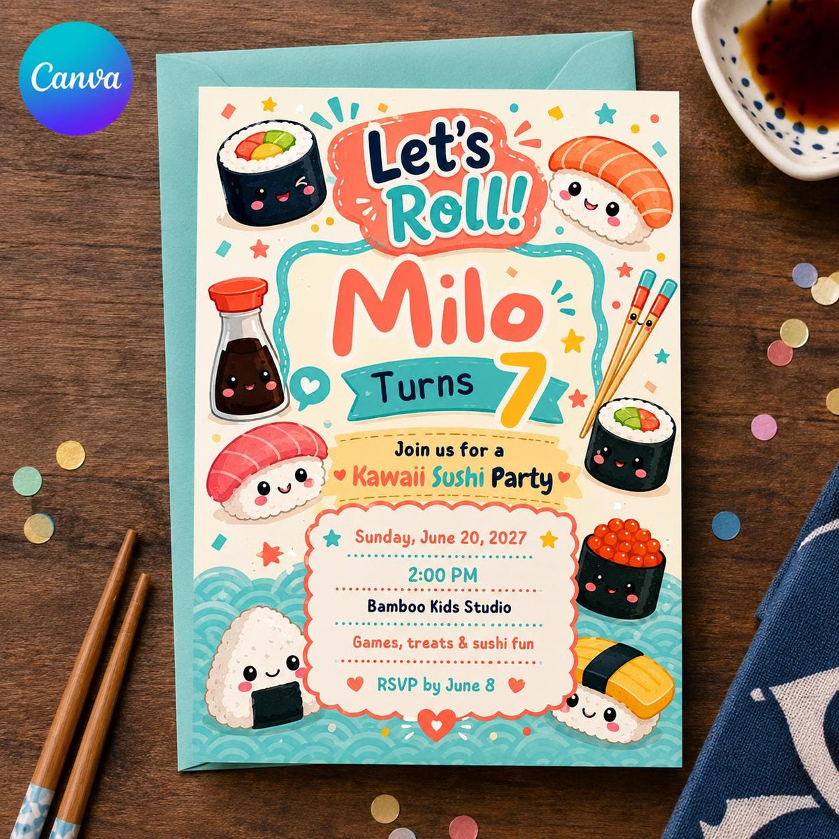 Colorful Kawaii Sushi Birthday Invitation — editable Canva template