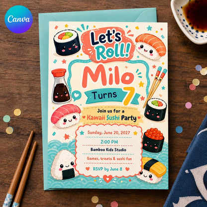 Colorful Kawaii Sushi Birthday Invitation — editable Canva template