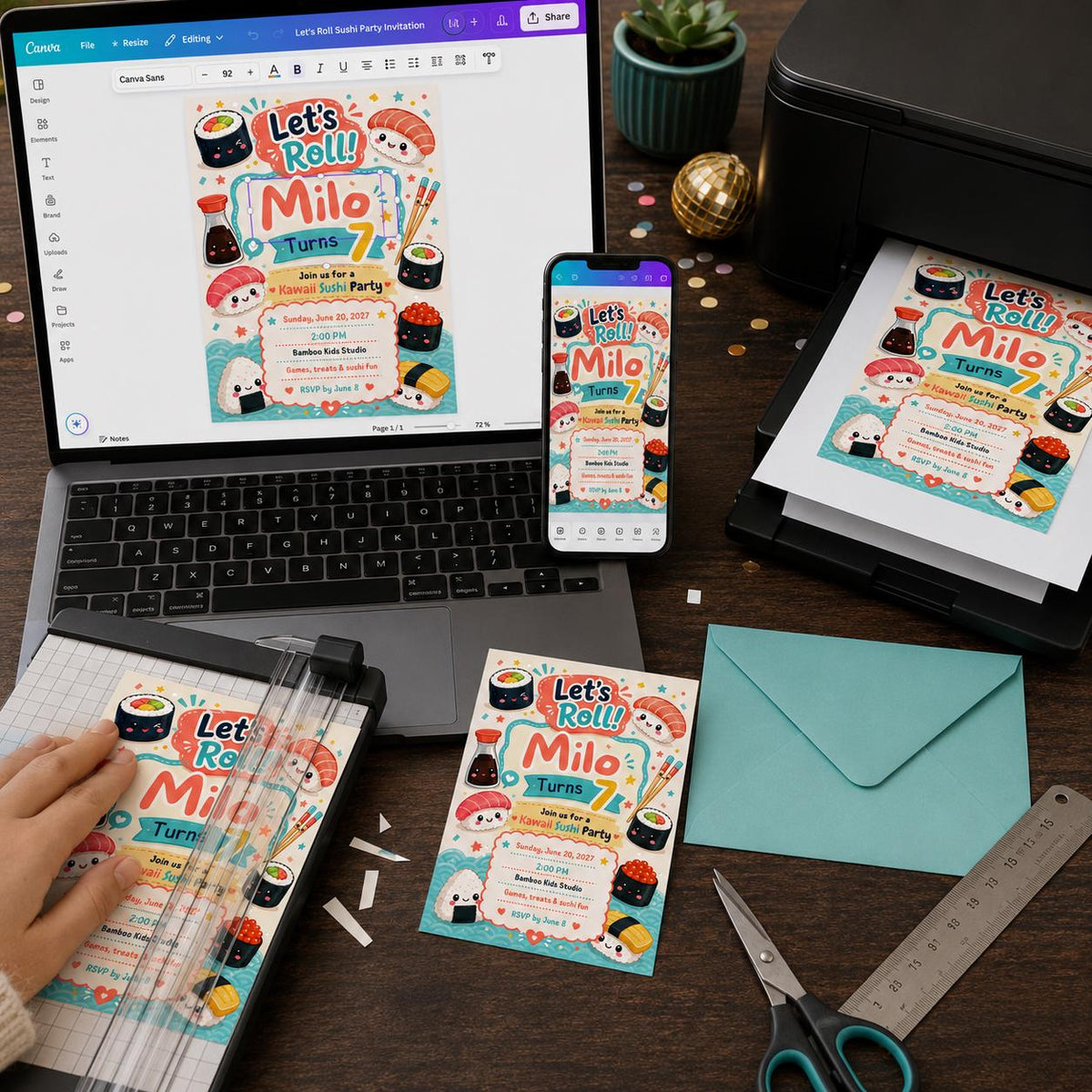Colorful Kawaii Sushi Birthday Invitation — digital invitation, instant download