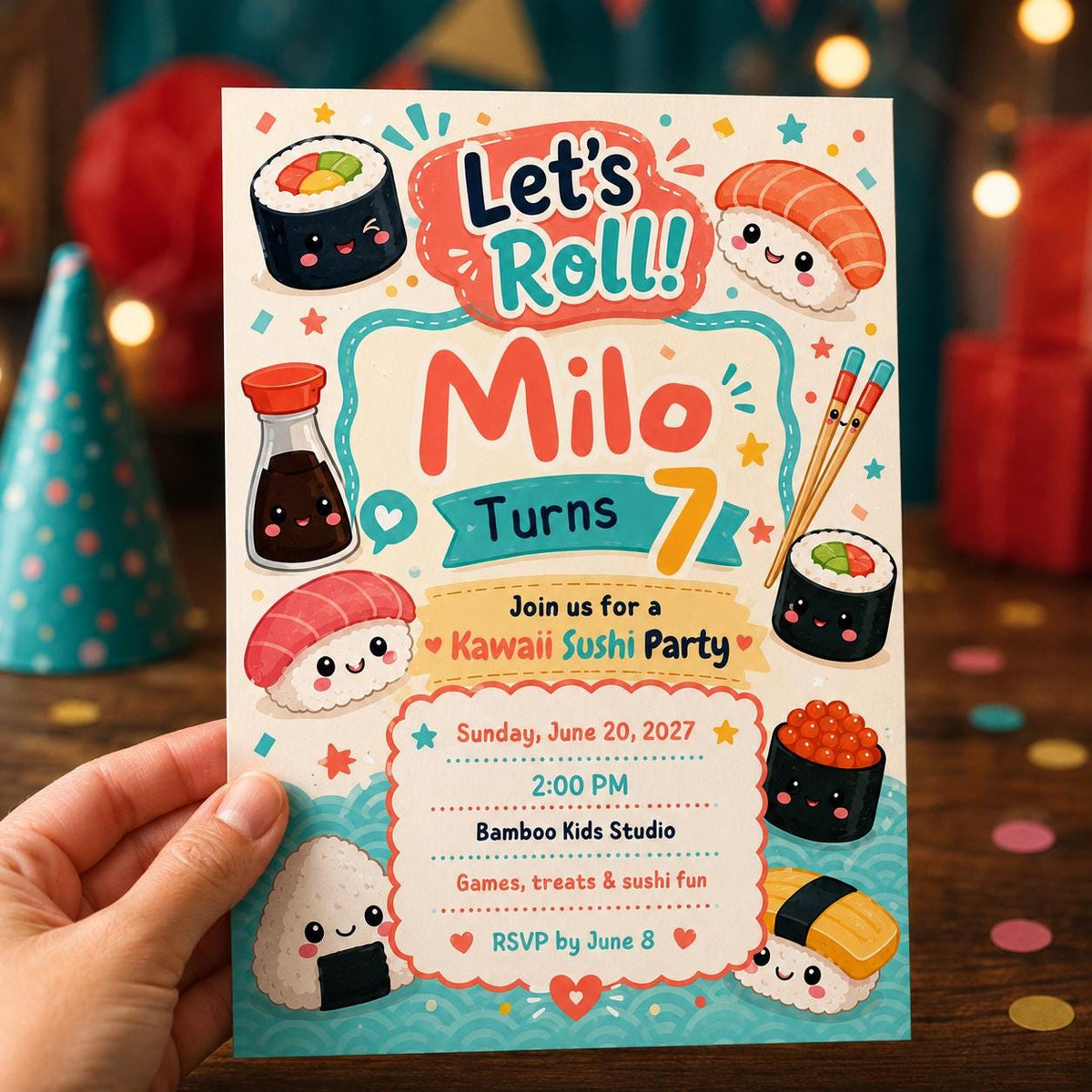 Colorful Kawaii Sushi Birthday Invitation — birthday party stationery by VoltBy