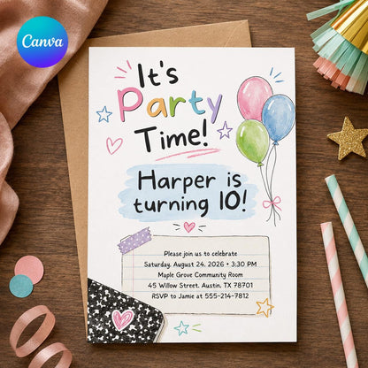 Colorful Kids 10th Birthday Invitation — editable Canva template