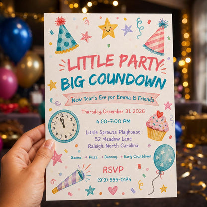 Colorful Kids New Year's Eve Invitation — print-ready New Year party design from VoltBy
