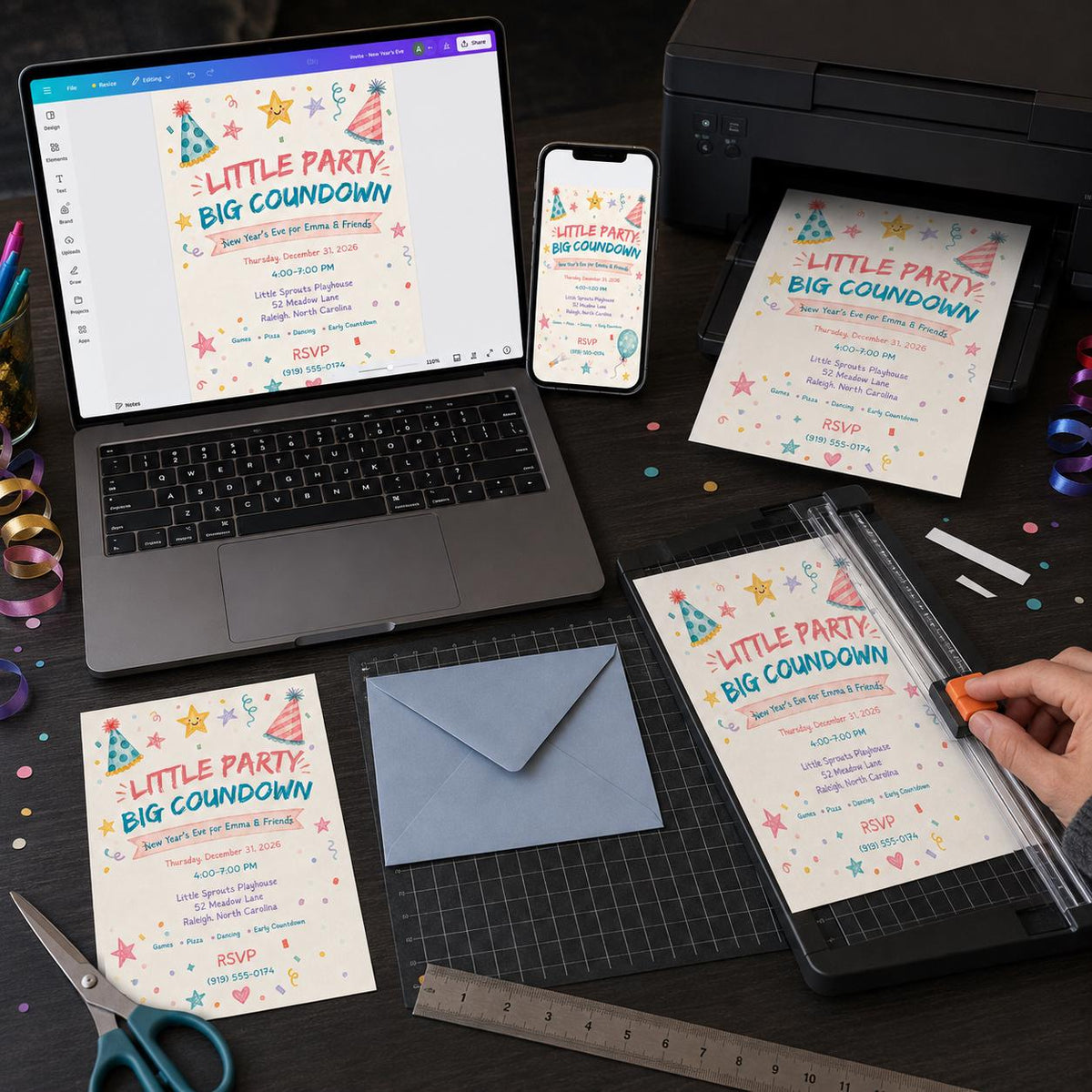 Colorful Kids New Year's Eve Invitation — digital invitation, instant download