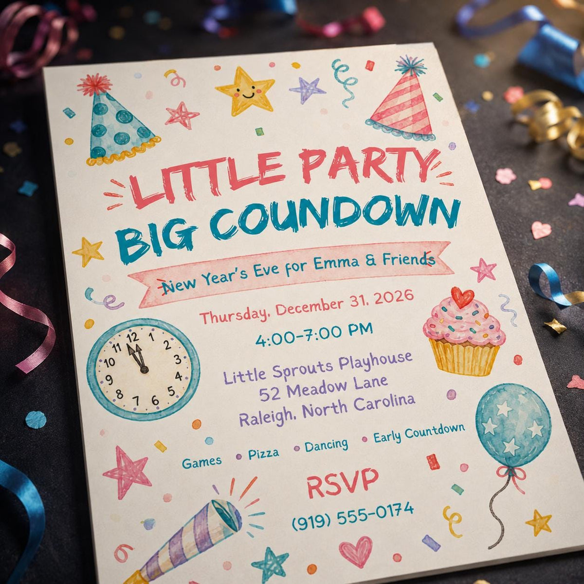 Colorful Kids New Year's Eve Invitation — New Year party stationery by VoltBy