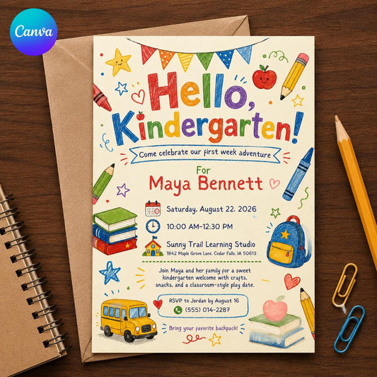 Colorful Kindergarten Party Invitation — editable Canva template