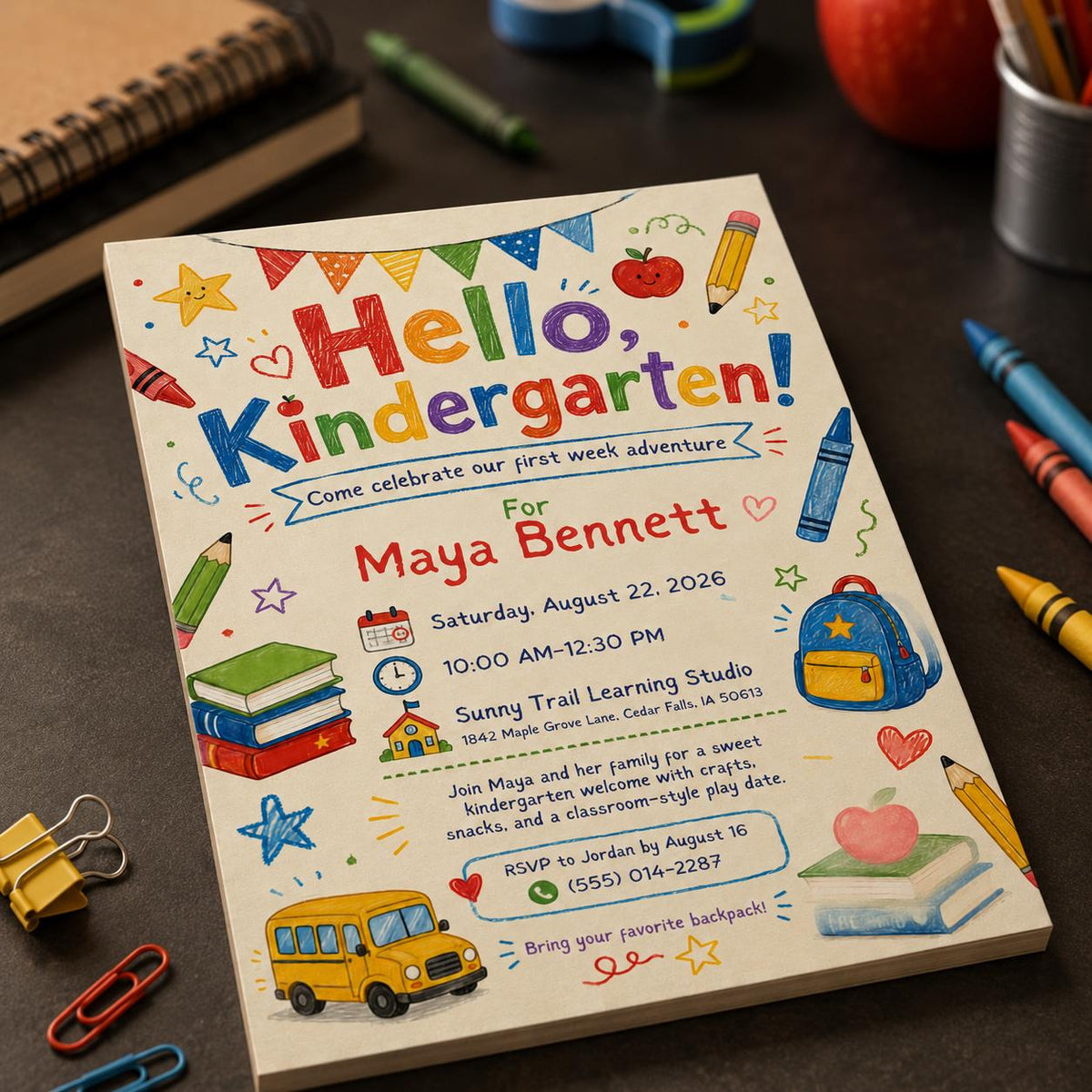 Colorful Kindergarten Party Invitation — print-ready back-to-school event design from VoltBy