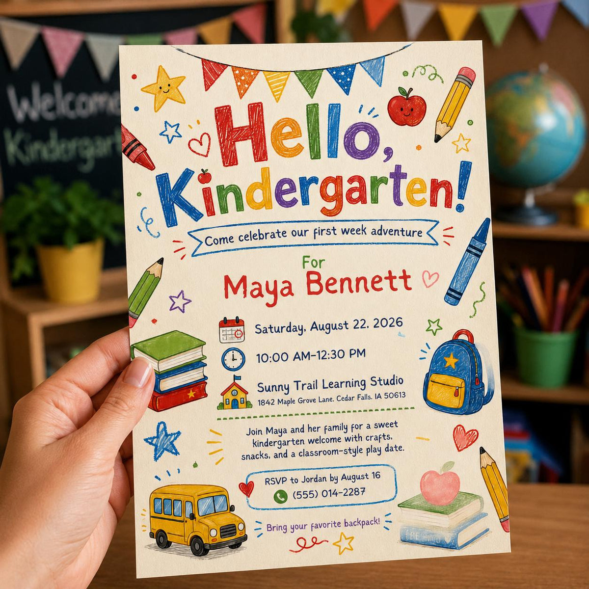 Colorful Kindergarten Party Invitation — back-to-school event stationery by VoltBy