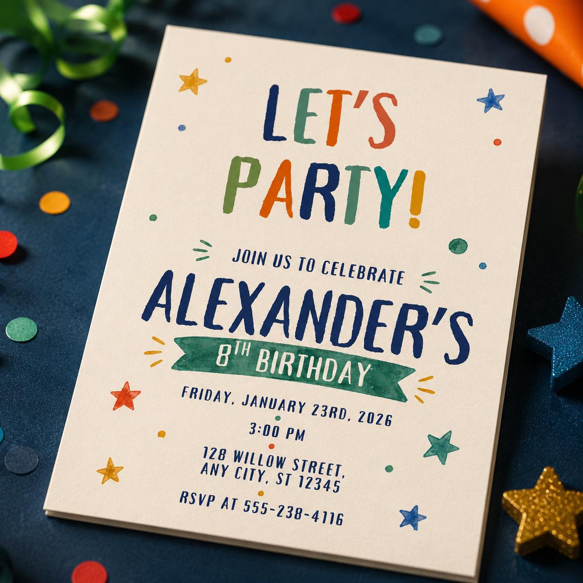 Colorful Let's Party Design 8th Birthday Invitation for Girls — invitation you personalize in Canva