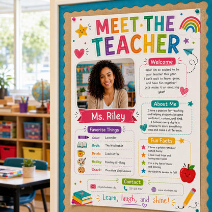 Colorful Meet the Teacher Photo Introduction Template in blue and green