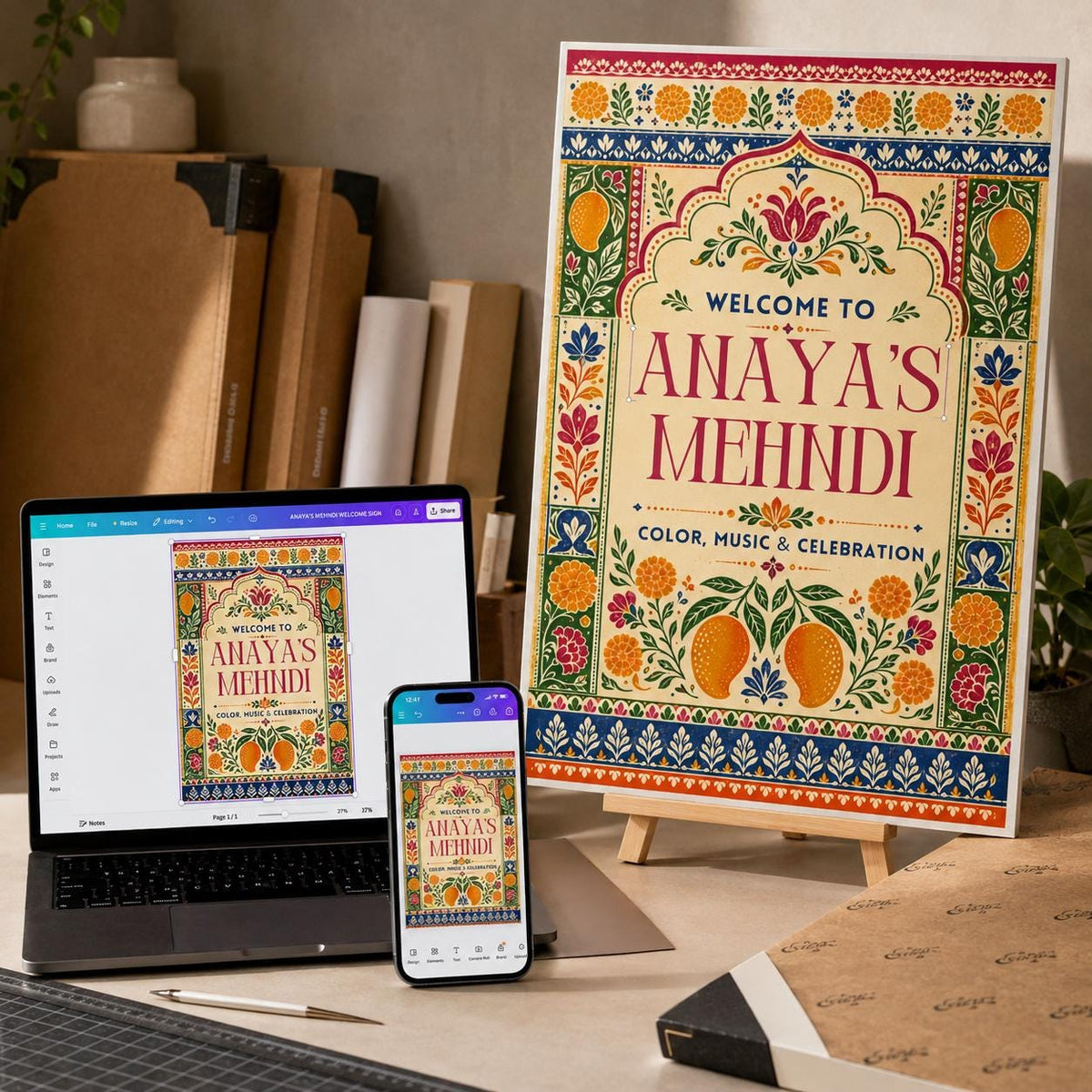 Colorful Mehndi Welcome Sign — mehndi stationery by VoltBy
