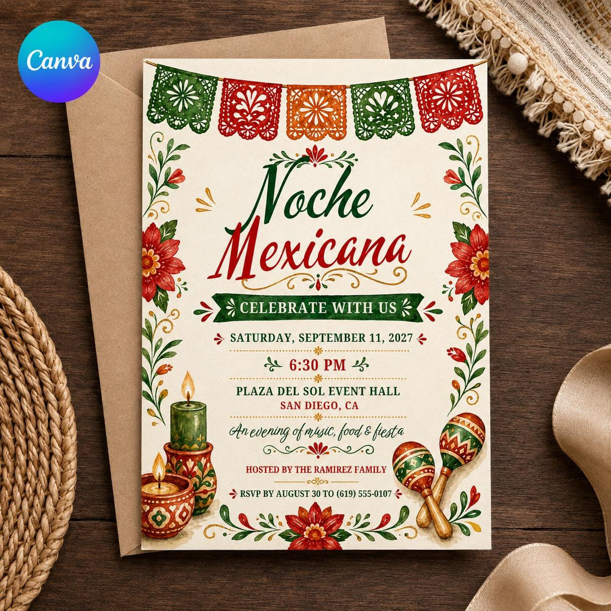 Colorful Mexican Fiesta Invitation — editable Canva template