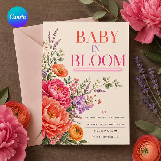 Colorful Modern Baby in Bloom Baby Shower Invitation for Girls — editable Canva template